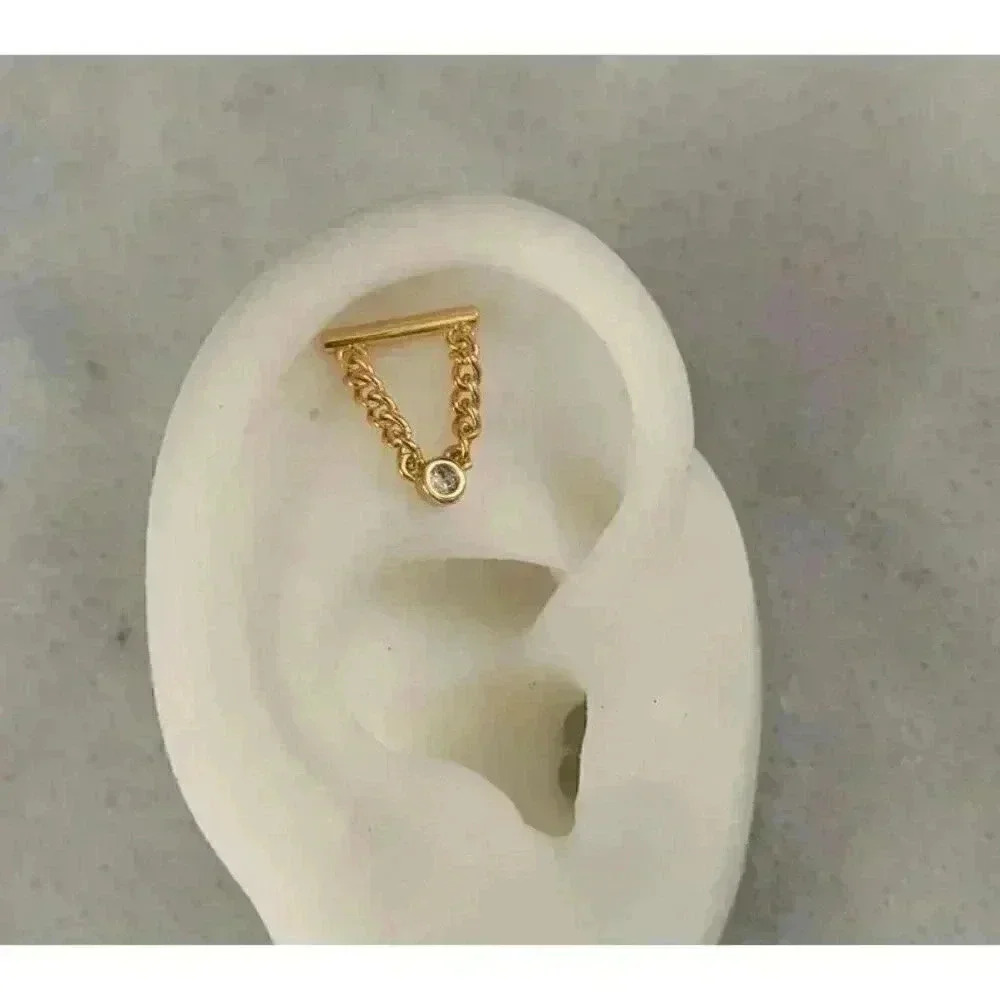 18k Gold Bar Chain Crystal Dangle Cartilage Earring Brand New